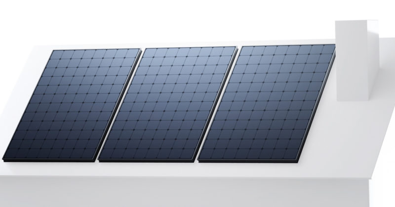 Image of three solar panels installed on a white slanted rooftop.