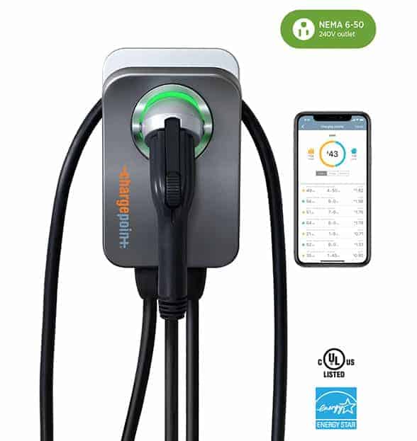 ChargePoint EV charger with cables, mobile app display, NEMA 6-50 outlet icon, UL listed, and Energy Star logos.