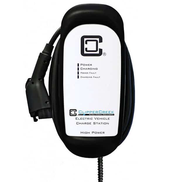 ClipperCreek electric vehicle charge station with power and charging indicators, high power, black and white design.