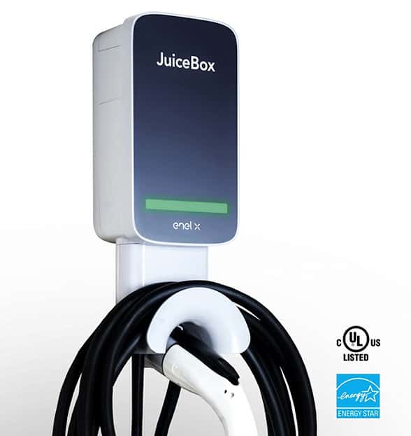 JuiceBox electric vehicle charging station by Enel X, UL listed and Energy Star certified, with coiled charging cable and white and black design.