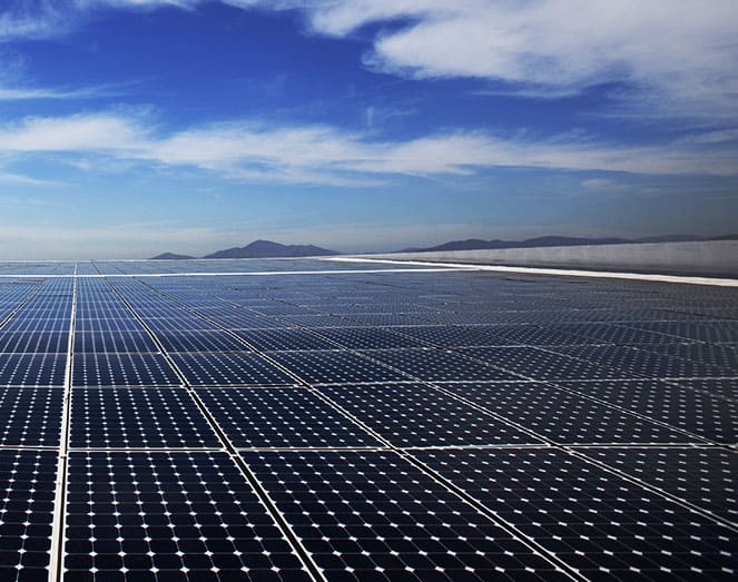 Expansive field of solar panels with a clear blue sky and distant mountains, installed by Wolf River Electric.