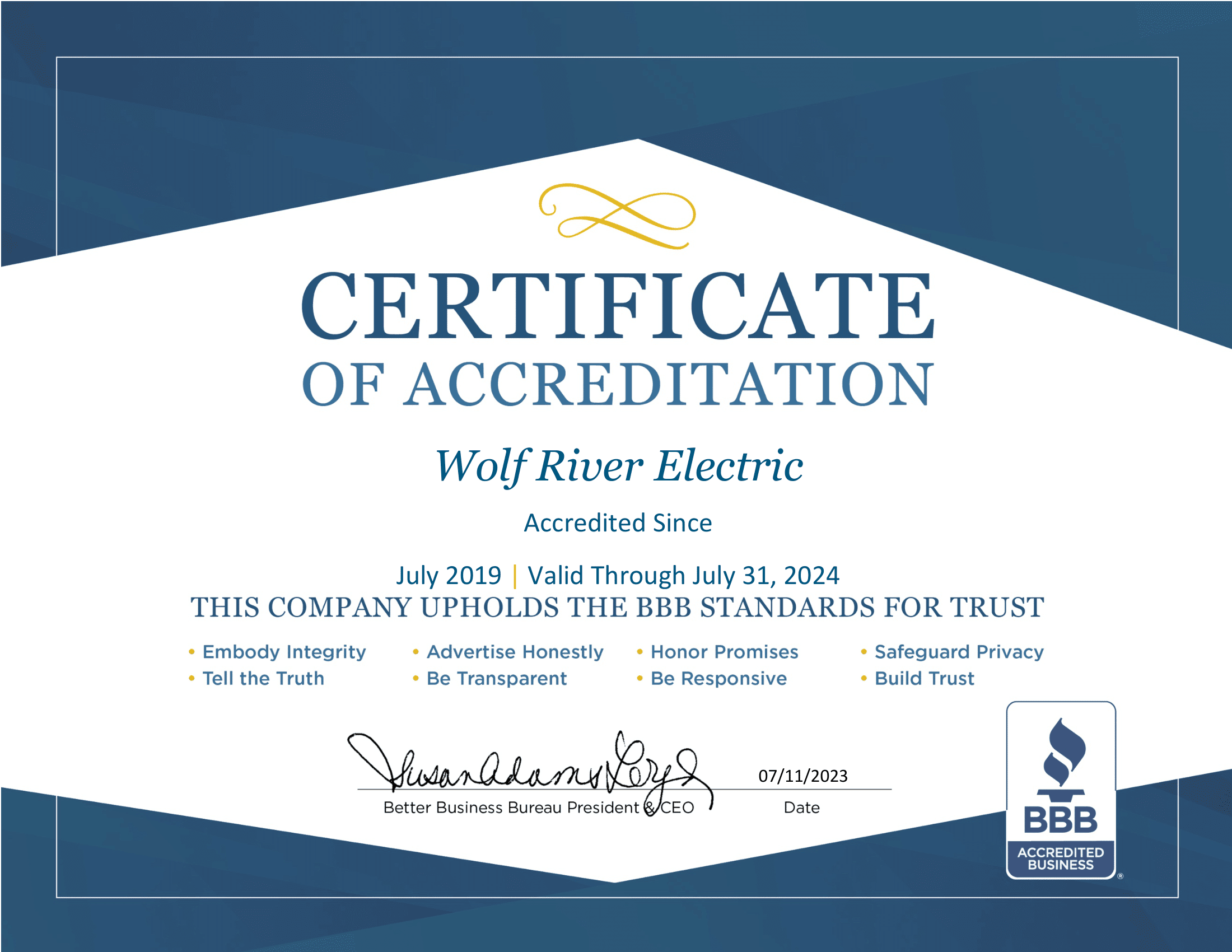 BBB MN Certificate | Wolf River Electric