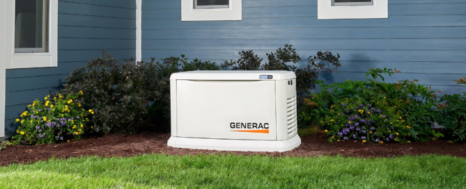 Generac home backup generator installed outside house providing standby power for midwest homeowners during storms and power outages
