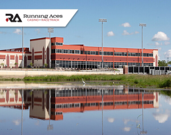 Running Aces Casino & Racetrack in Columbus MN with harness horse racing track and casino facade Running Aces Casino & Racetrack in Columbus MN with harness horse racing track and casino facade