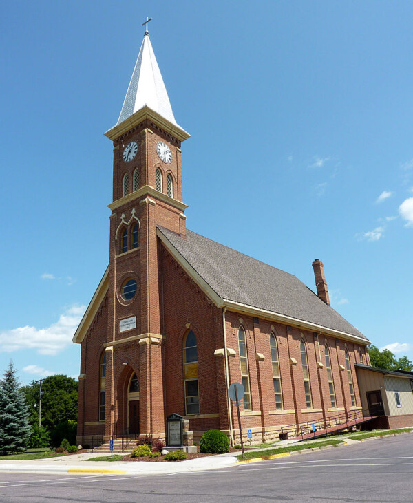 Corner shot of the St. Johns Lutheran Church during the day.