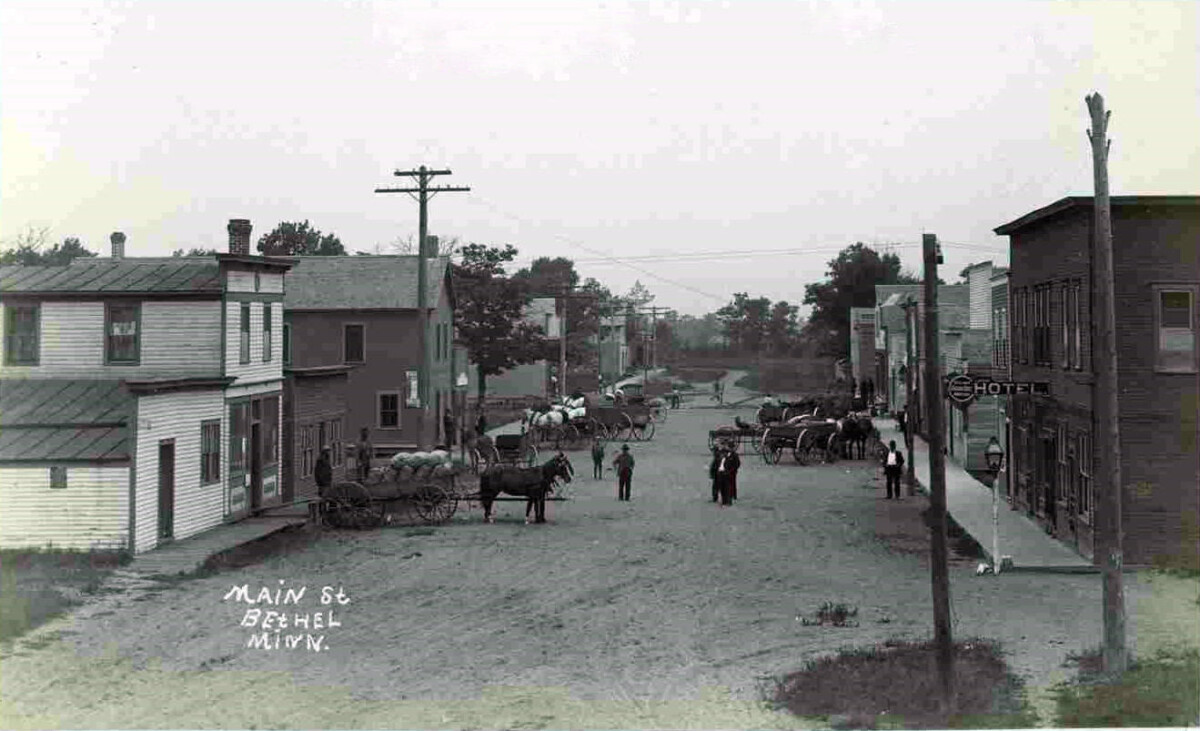 Historic Main Street in Bethel, Minnesota with early 1900s storefronts and horse-drawn wagons, showcasing small-town heritage Historic Main Street in Bethel, Minnesota with early 1900s storefronts and horse-drawn wagons, showcasing small-town heritage