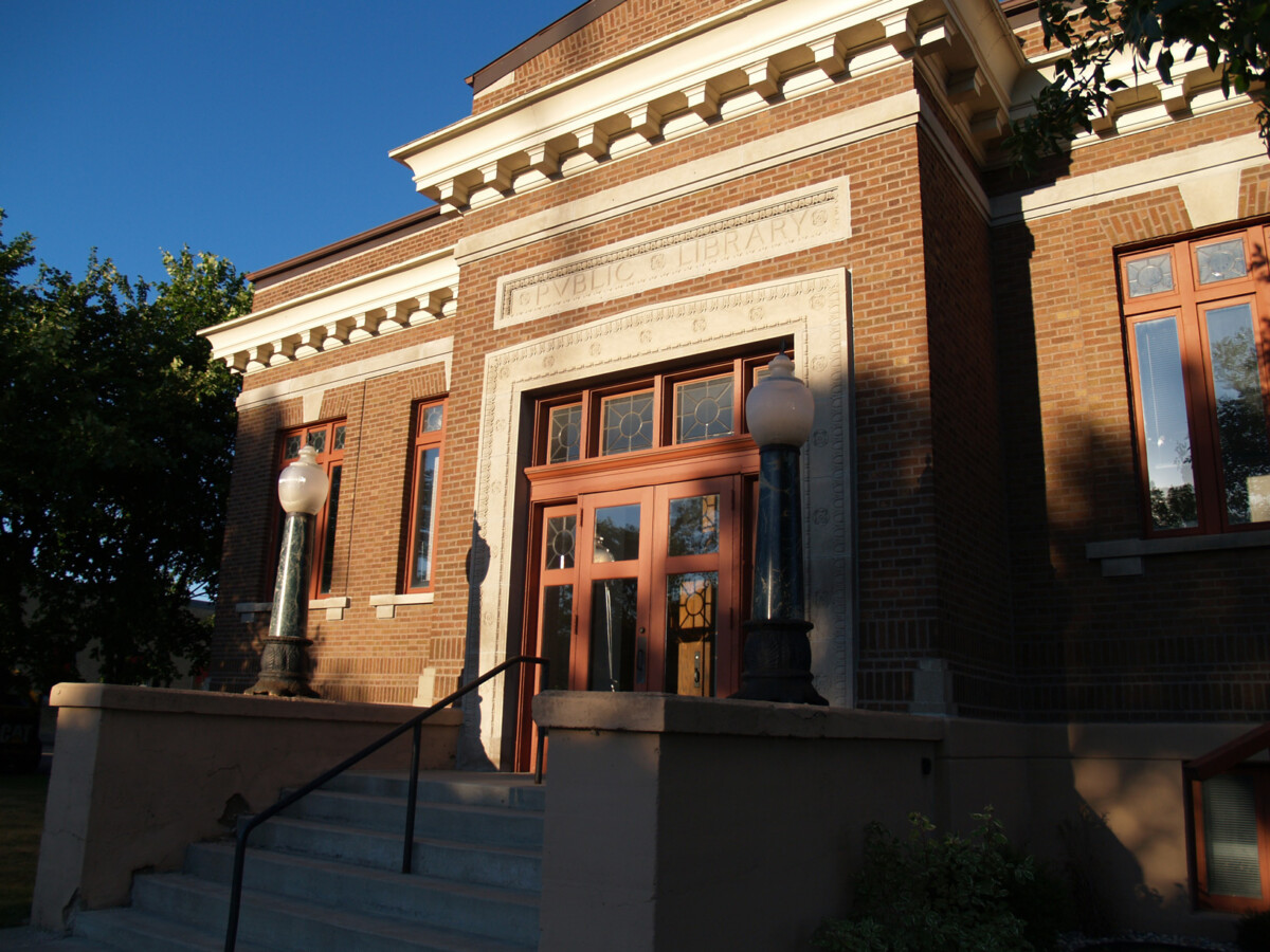 Front shot of the entry to the Carnegie Library in Thief River Falls, Minnesota during the day. Front shot of the entry to the Carnegie Library in Thief River Falls, Minnesota during the day.