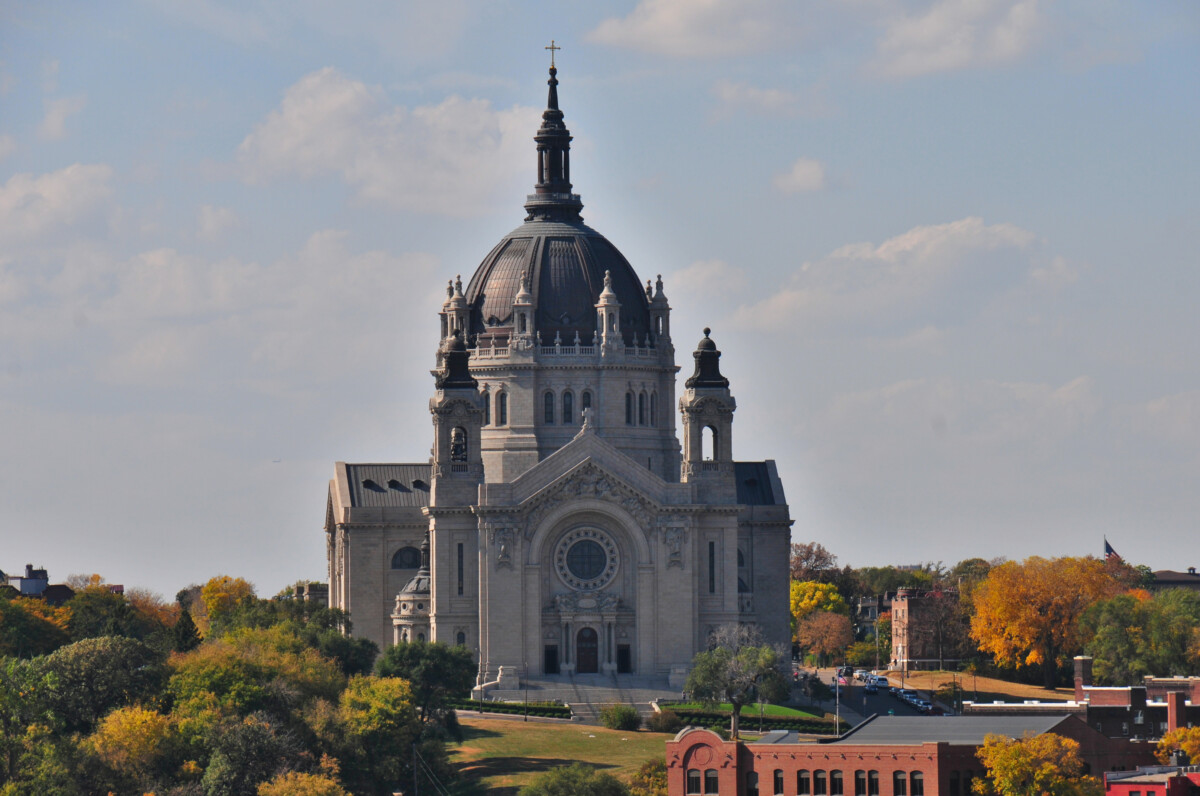 The Cathedral of St. Paul surrounded by autumn foliage as viewed from the top of the Landmark Center. The Cathedral of St. Paul surrounded by autumn foliage as viewed from the top of the Landmark Center.