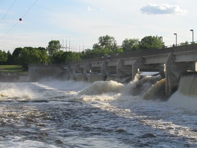 The Coon Rapids River Dam in Coon Rapids, MN during the day.