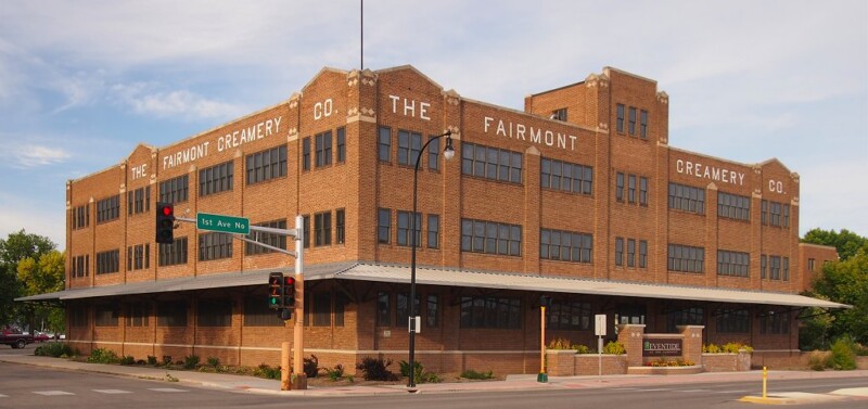 Corner shot of the Fairmount Creamery Company building on 1st Avenue in Clay County, Minnesota.