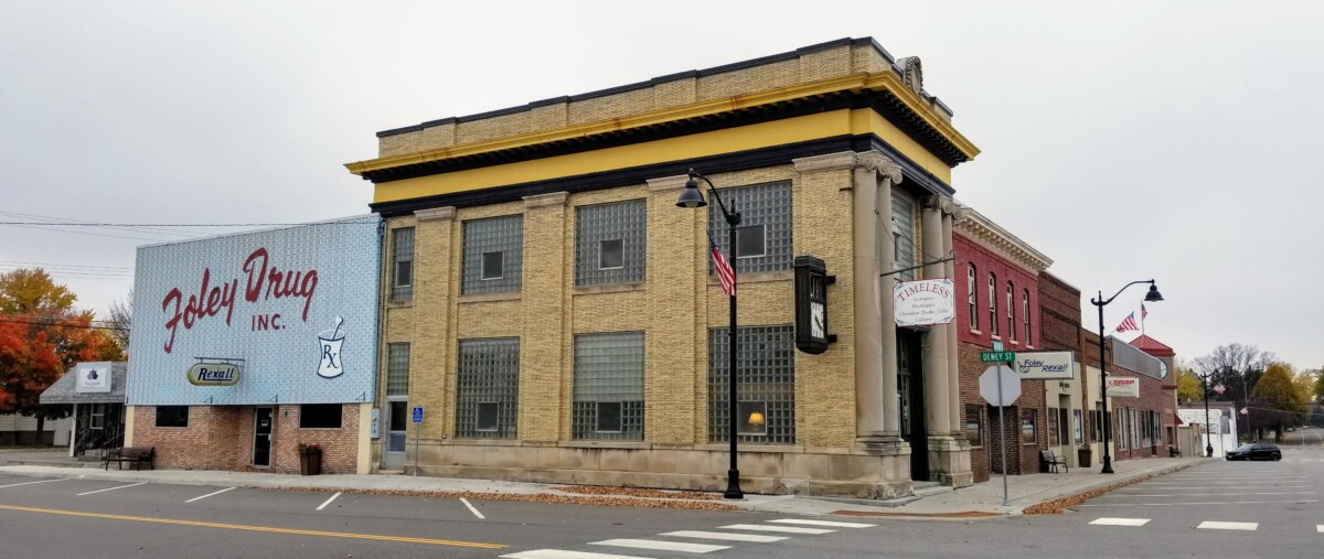 Front view of the Foley Drug building on Dewey St. during the day in Benton County, Minnesota.