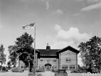 Black and white photo of the Supervisors Building at Cass Lake, Minnesota.