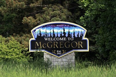 Welcome to McGregor sign in McGregor, Minnesota.