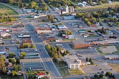 An aerial shot of downtown Bagley, Minnesota.