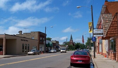 Shot of businesses in Rush, Minnesota.
