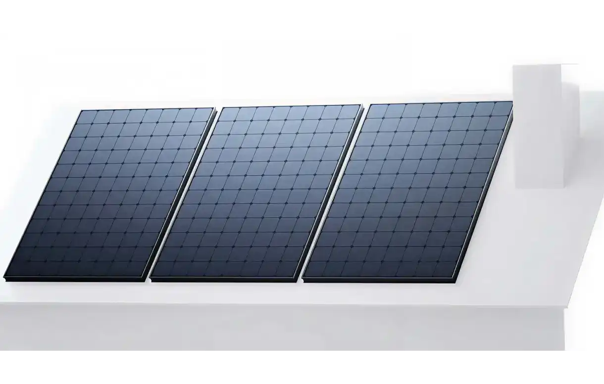 A clean, minimalistic rooftop with three sleek solar panels installed side by side. The setup is shown on a white background with a simple chimney structure on the right, illustrating a modern solar panel installation layout.