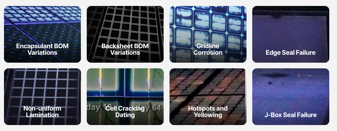 The UV Fluorescence technique works with panels that have polymer backsheets. Fluorophores are contained in panel encapsulants and backsheets – leading to fluorescence in the visible spectrum when exposed to UV light.