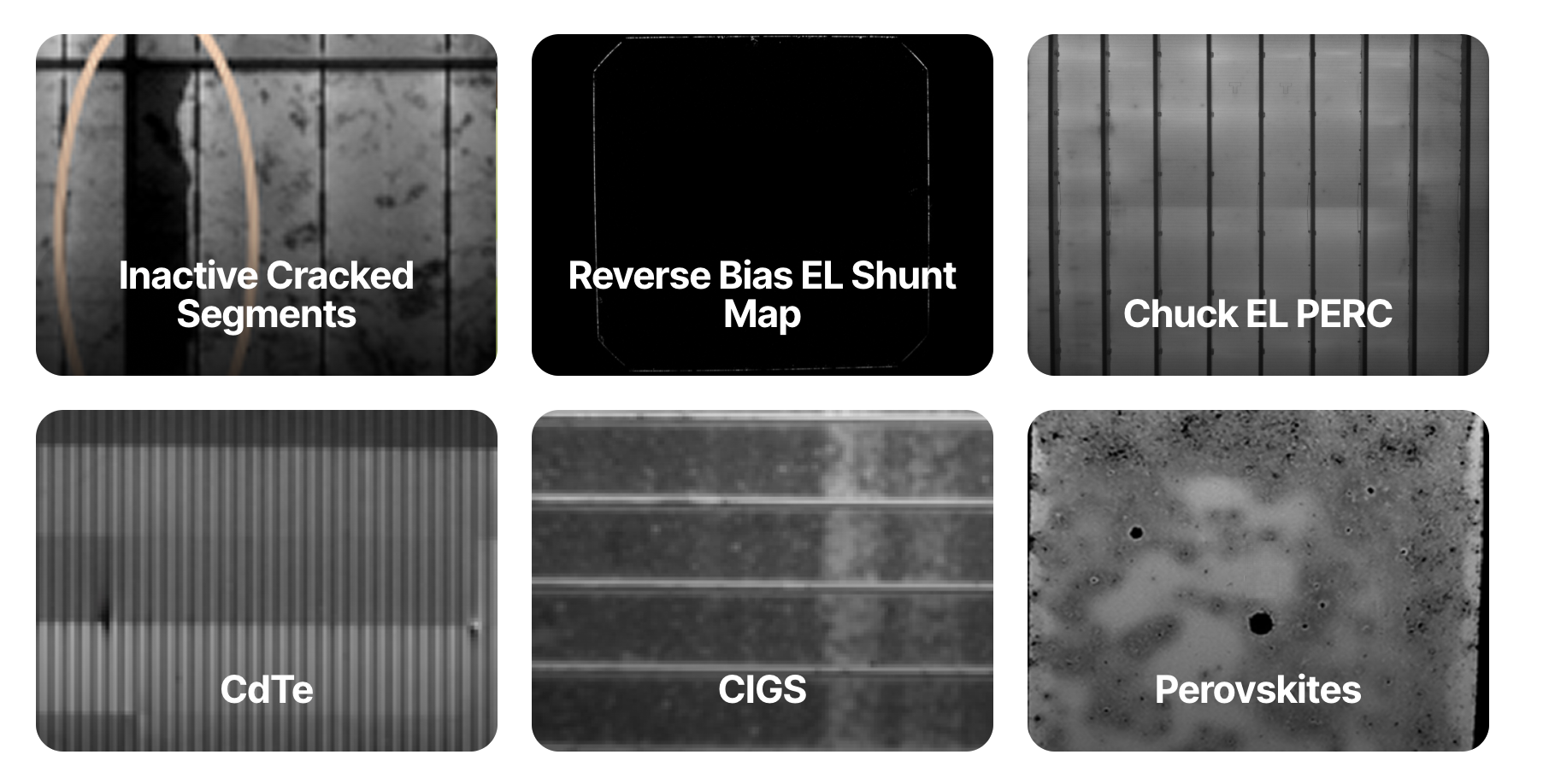 EL Applications​ Inject current via clipping to wires, probing pads, chuck busbar probing, or multiplexed probing of arrays of thin-film cells