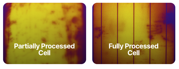 Uses safe green or red LED light source and a high resolution PL camera within a lightproof enclosure, to obtain contactless images of partially and fully processed cells and minimodules;