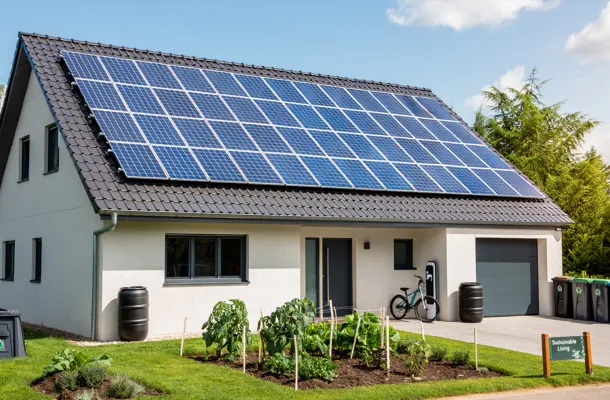 north-dakota-solar-installer House with solar panels on the roof and a garden in front.