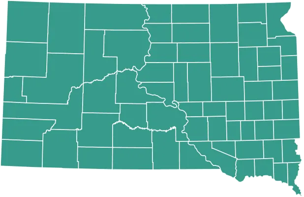 solar-installers-in-south-dakota Map outline of South Dakota with county borders.