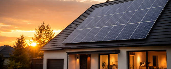 Modern Midwest home with rooftop solar panels at sunset showcasing residential solar energy savings and electric bill reduction with Wolf River Electric
