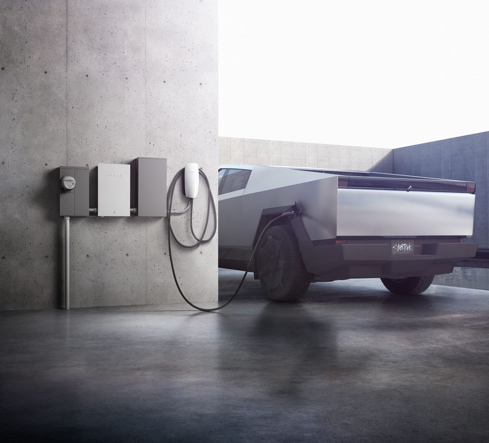 Cybertruck plugged into a Universal Wall Connector with Powershare equipment