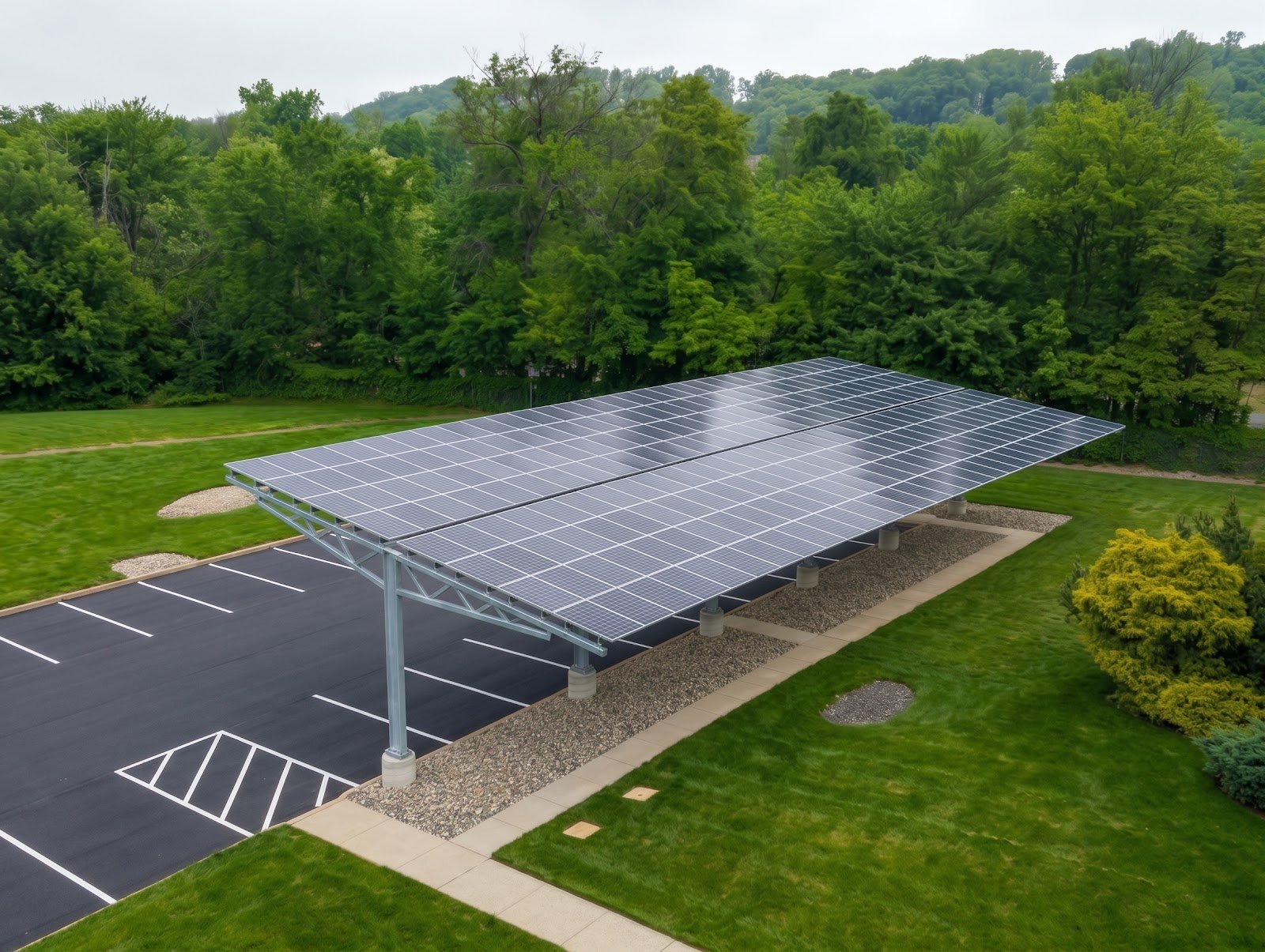 Carport aerial park solar, installed by Wolf River Electric