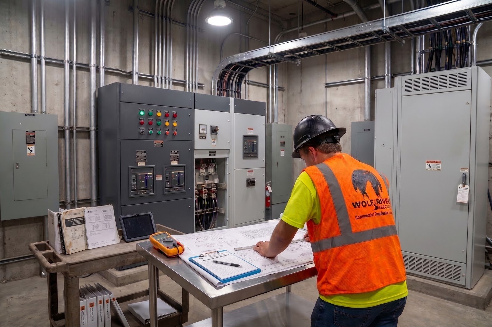 Wolf River Electric electrician hard hat at switchgear
