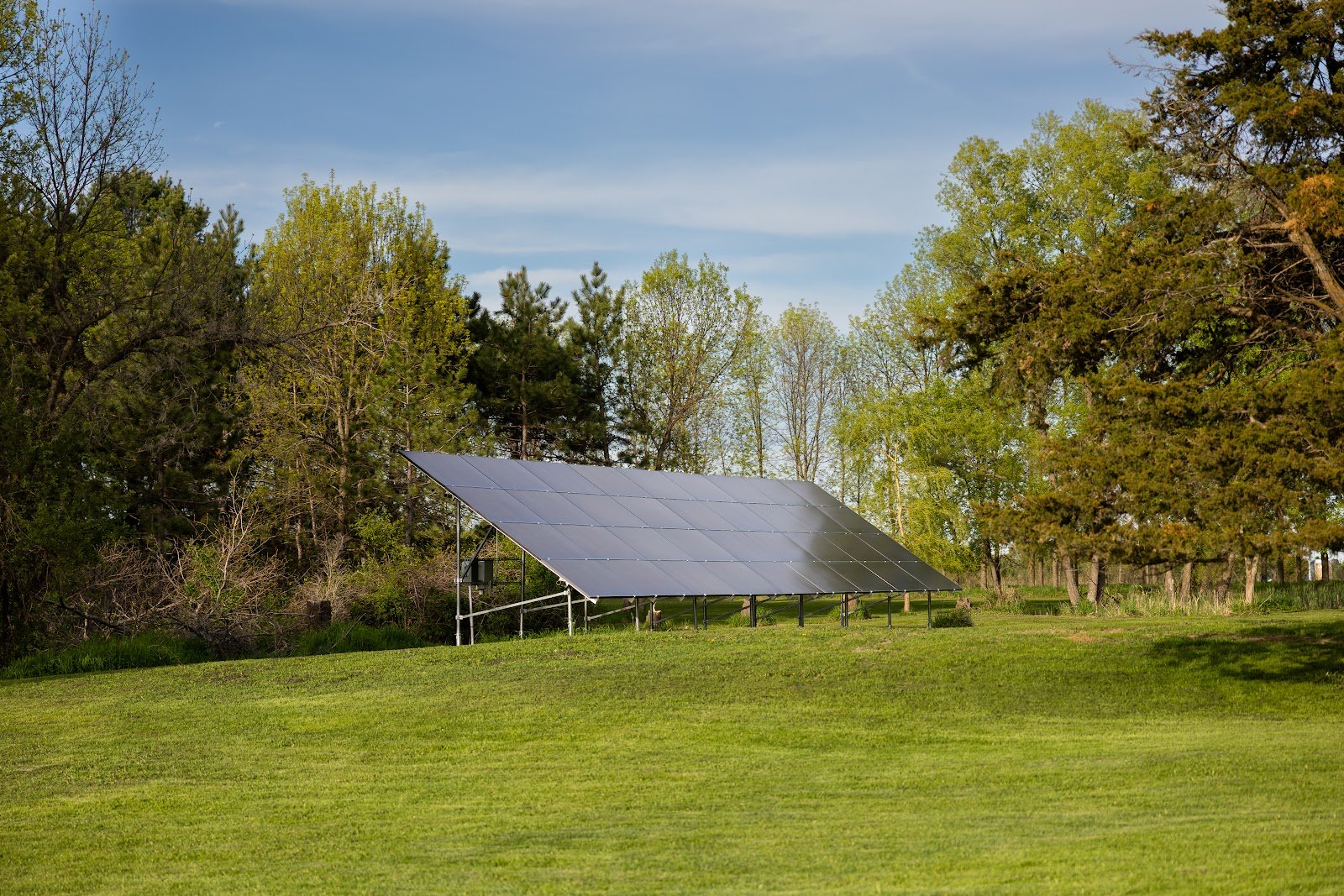 Ground-mount solar array among trees, installed by Wolf River Electric