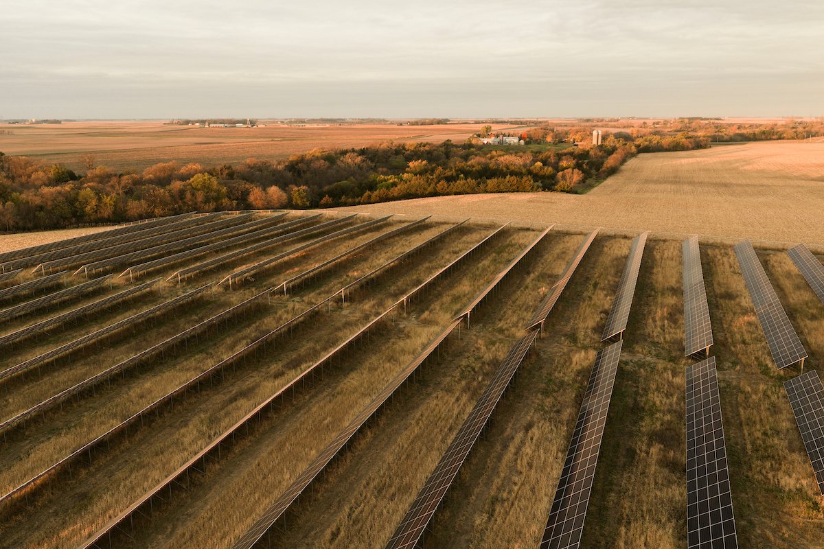 Aerial view of a large ground-mount solar array at golden hour, installed by Wolf River Electric