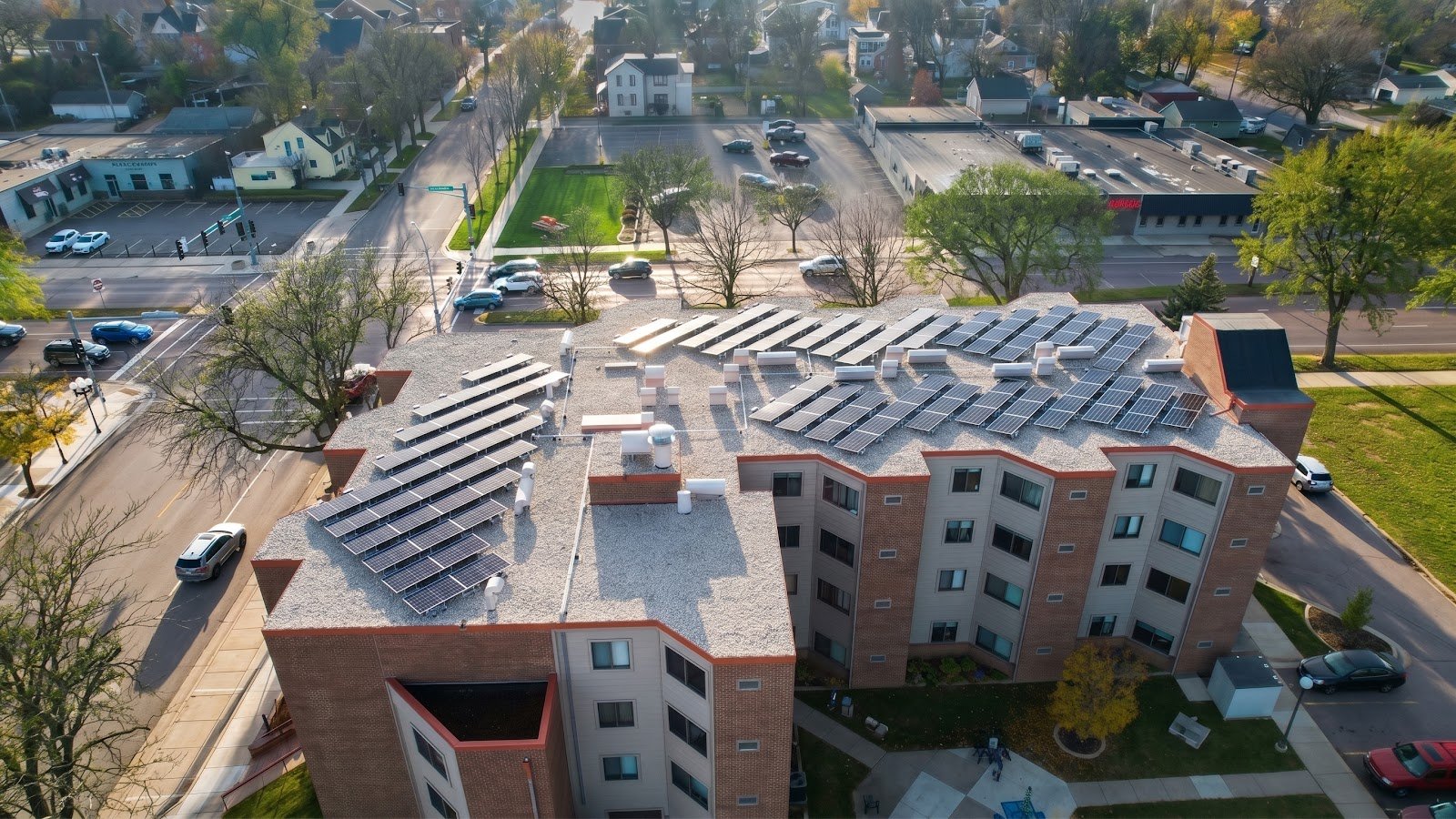 Multistory building rooftop aerial solar, installed by Wolf River Electric