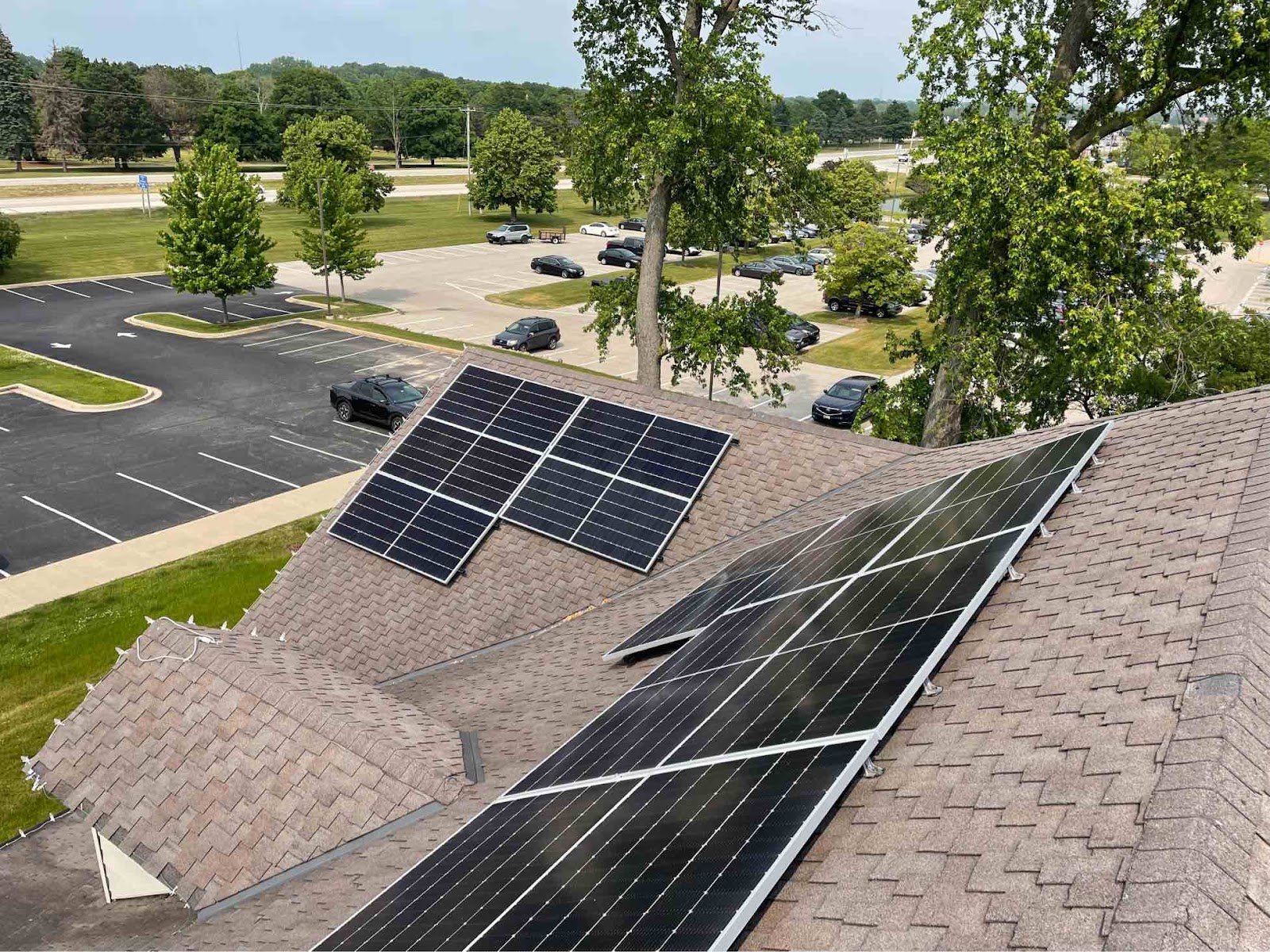 Sloped roof solar array aerial, installed by Wolf River Electric