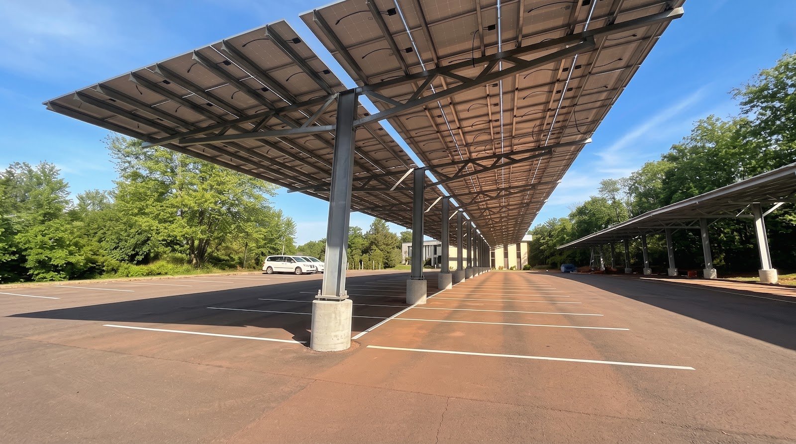 Solar carport canopy over a parking lot, installed by Wolf River Electric